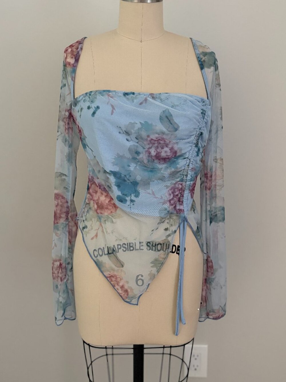 Cider Floral Mesh Ruched Asymmetric Tube Top Light Blue Coquettecore Fairycore L